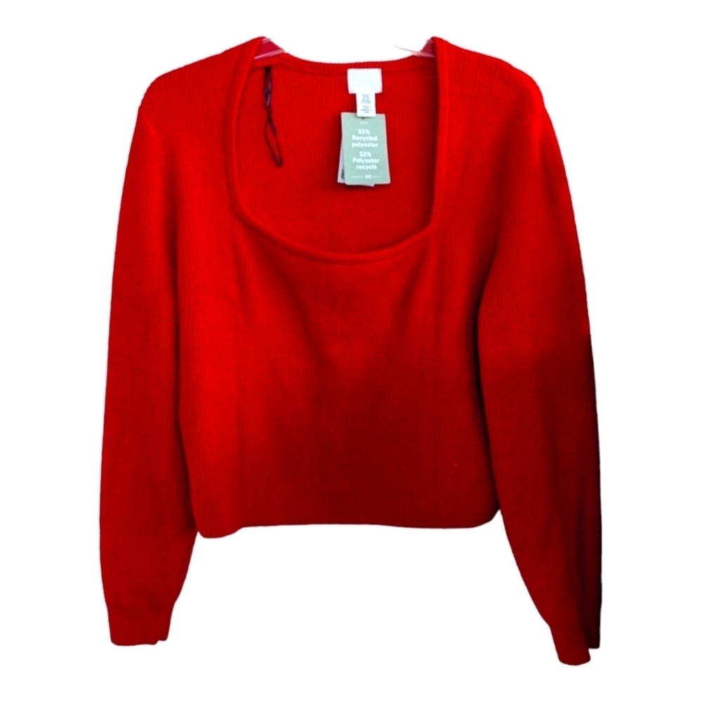 NEW H&M Red Ribbed Cropped Square Neck Sweater Size XXL Colorful
